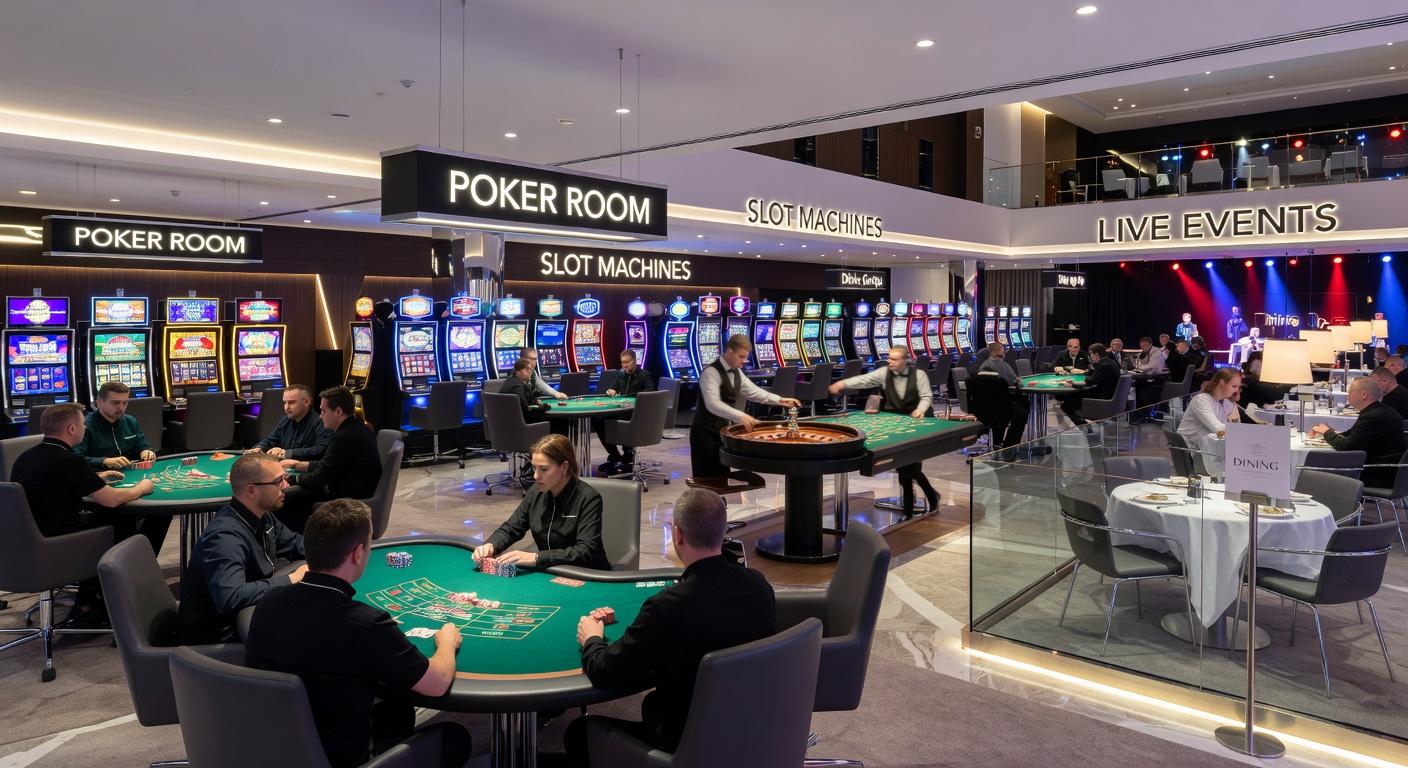 Pokerraum im Casino München mit Spielern an Tischen und Turnier-Action
