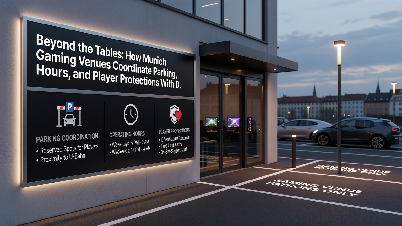 Innenansicht eines Münchner Spielsalons mit verbundenen Bereichen für Events, Dining und Spielerschutz-Informationen