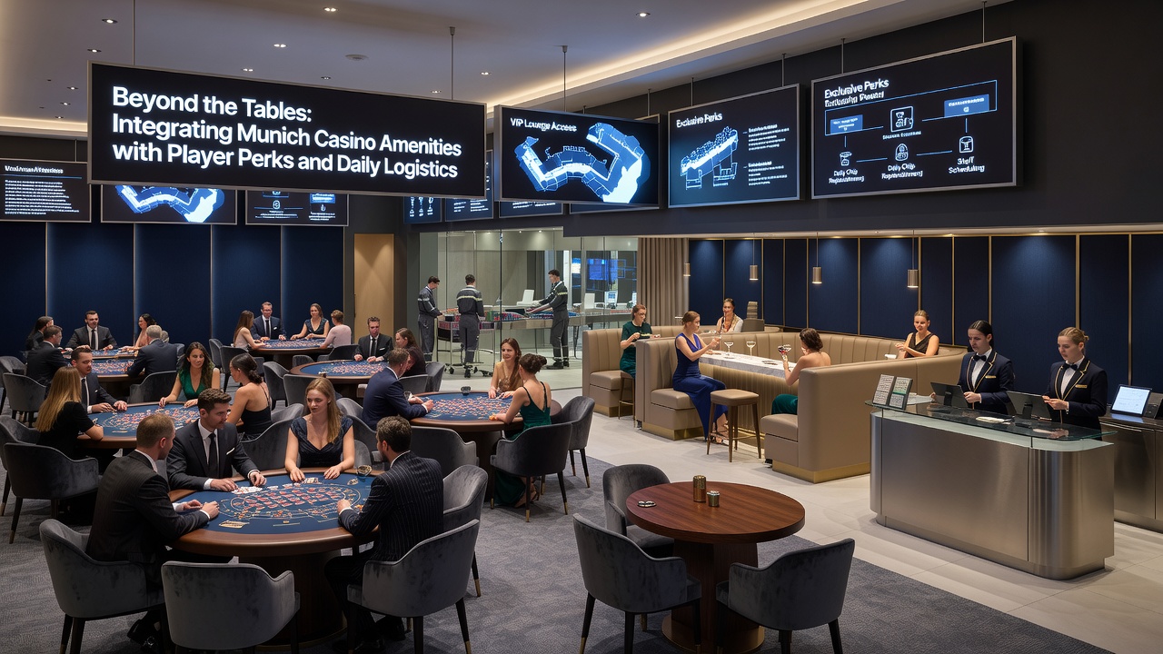 Interieur eines Münchner Casinos mit Fokus auf Annehmlichkeiten wie Gastronomie und Logistikbereiche