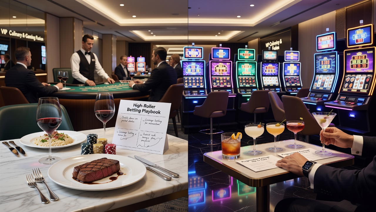 High-Roller Dining Area mit Ausblick auf Slot-Maschinen in einem Münchner Casino