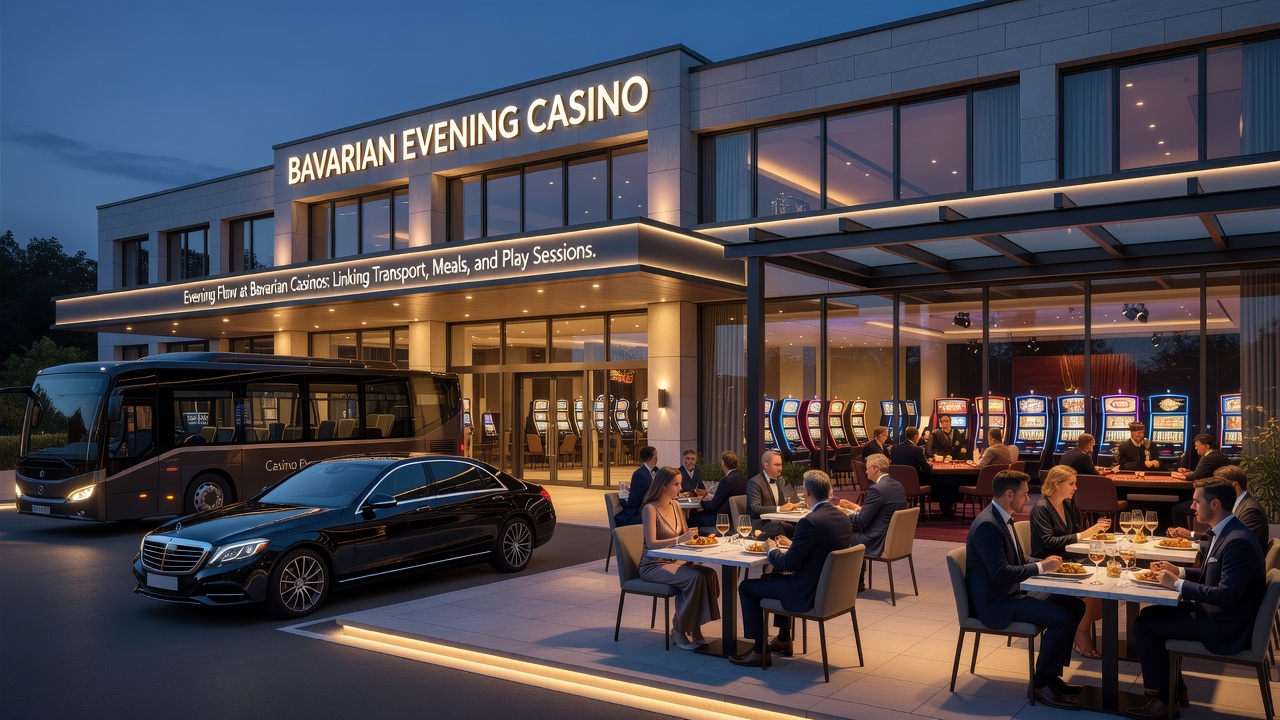 Gäste beim gemeinsamen Essen in einem Casino-Restaurant mit Blick auf Spieltische