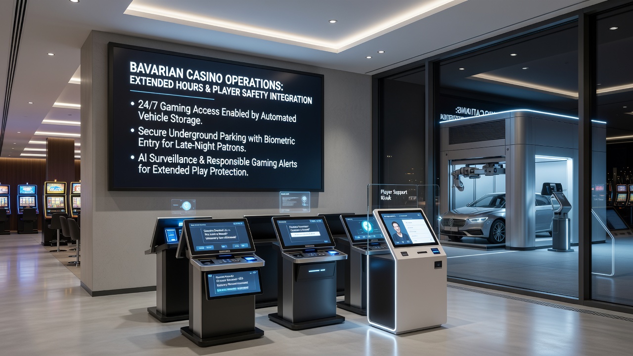 Blick auf die Parkanlagen und Eingänge einer bayerischen Spielbank bei Abendbeleuchtung